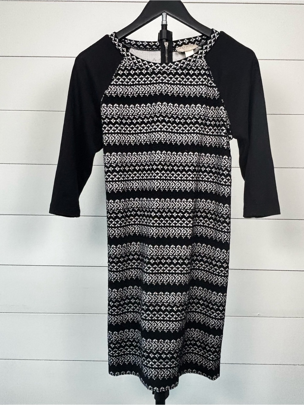 LOFT Black and White Long Sleeve Patterned Dress with Back Zip